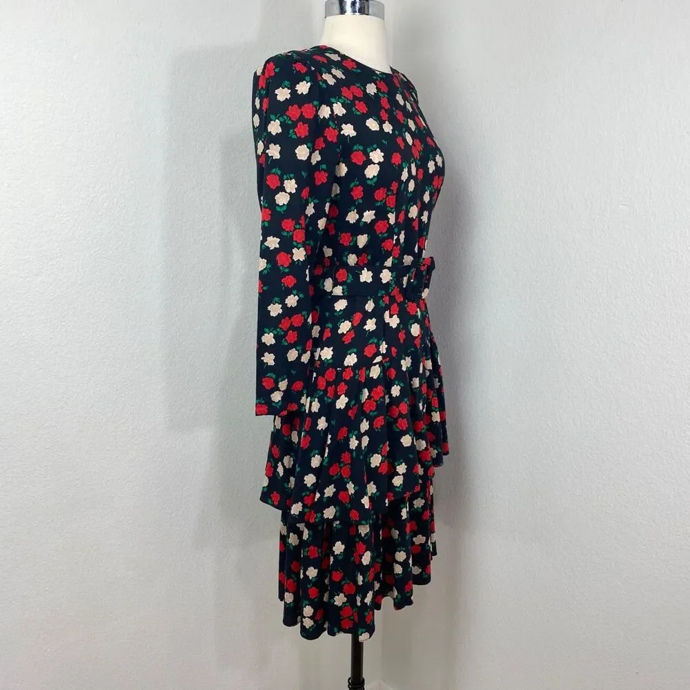 Vtg 80 Drop Waist Layered Skirt Floral Rayon Dress Small Long Sleeve Belt Modest